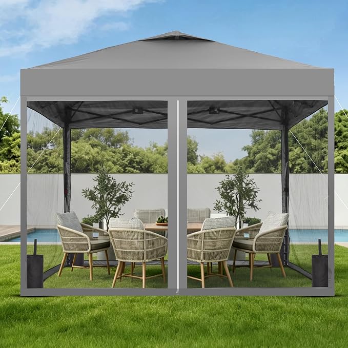 GDY 10x10 Pop-up Canopy Tent with 4-Mosquito Nettings, Outdoor Screen Gazebo with 4 Sandbags, 4 Ropes & 8 Stakes, 3-Level Height Adjustment for Patio, Camping, and Backyard, Grey