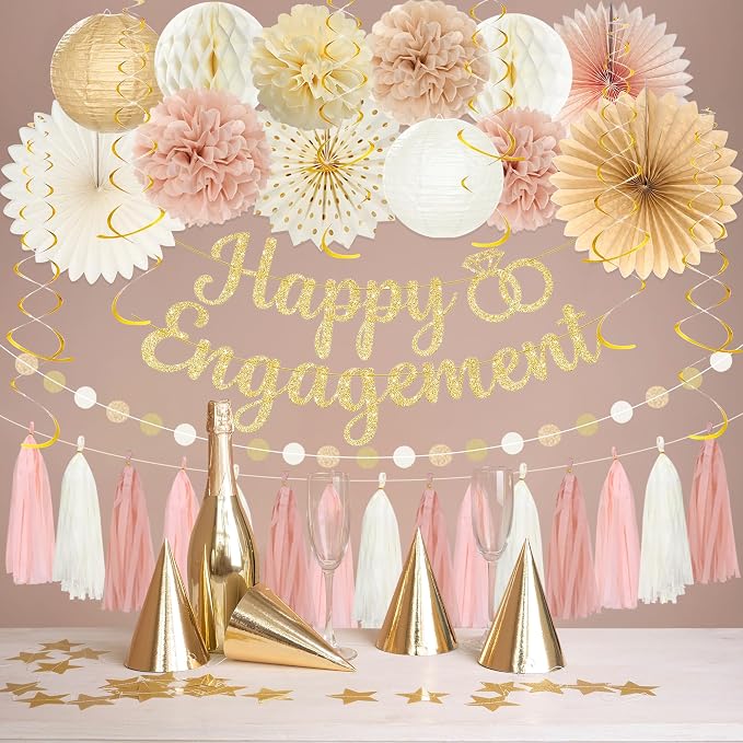 Roetyce Engagement Party Decorations, Champagne Pink Glitter Happy Engagement Banner, Almost Married/Just Engaged Photo Background, Gold Congratulations Wedding Bachelorette Backdrop Decor