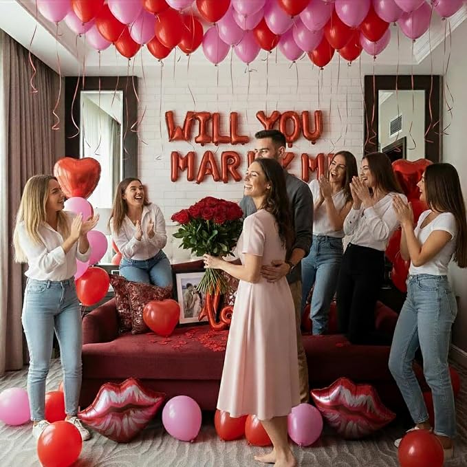 Will You Marry Me Decorations red Will You Marry Me Proposal red lips Foil Letter Balloon Heart Shaped Petal Balloon for Valentine's Day