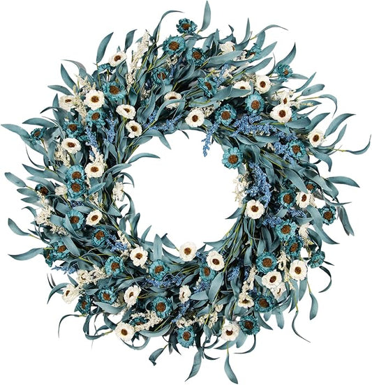 24 Inch Blue Daisy Flower Wreaths for Front Door - Spring Summer Wreath with White Floral, Blue Eucalyptus Leaves &Lavender Farmhouse Indoor Outdoor Decor for Porch, Patio & Entryway