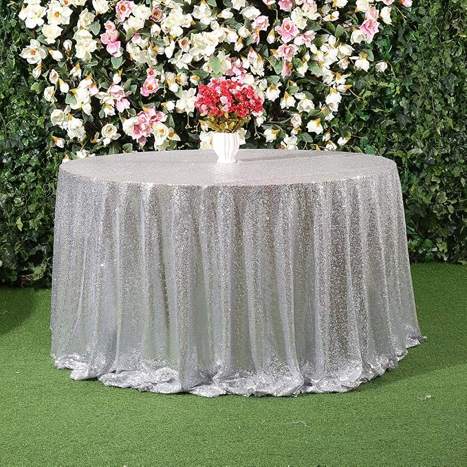 Juya Delight 120-Inch Round Silver Sequin Tablecloth for Wedding Birthday Party Festival Ceremony Dessert Table