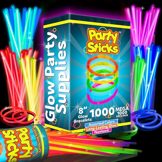 PartySticks Glow Sticks Party Supplies 1000 pack - 8 Inch Glow in The Dark Light Up Sticks Party Favors, Glow Party Decorations, Neon Party Glow Necklaces and Glow Bracelets with Connectors