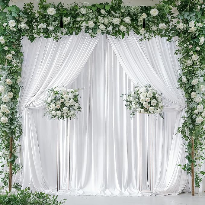 White Backdrop Curtains 4 Panels, 10 Feet Wrinkle-Free Polyester Photography Backdrop Drapes for Wedding Baby Shower Party Background Backdrop Stand- 16 X10FT (White)