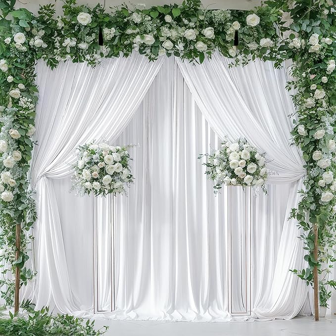 White Backdrop Curtains 4 Panels, 10 Feet Wrinkle-Free Polyester Photography Backdrop Drapes for Wedding Baby Shower Party Background Backdrop Stand- 16 X10FT (White)