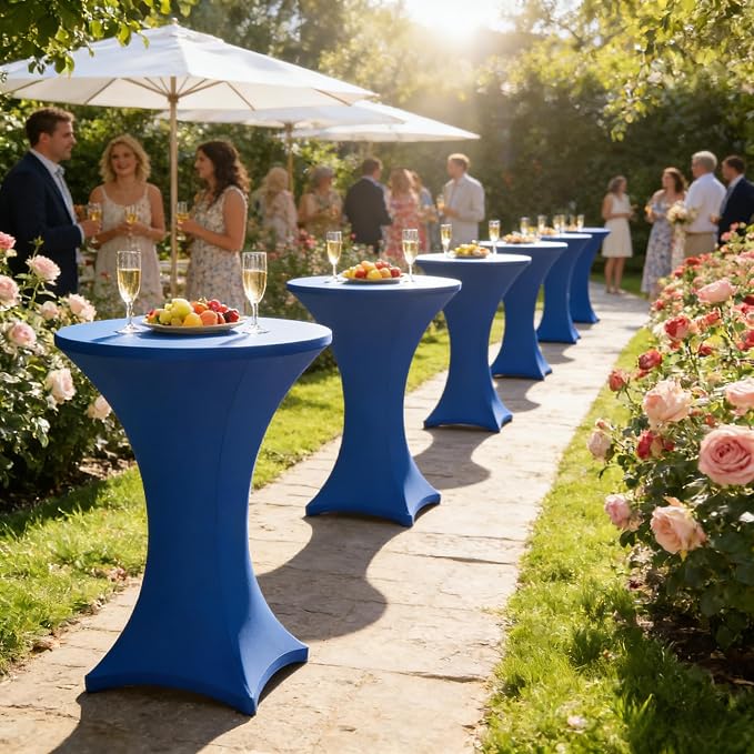 Cocktail Table Covers - 6 Pack 32x43 Inch Table Cloth - Royal Blue Fitted Stretch Spandex Round High Top Tablecloth for Party, Bar, Birthday, Pub, Banquet
