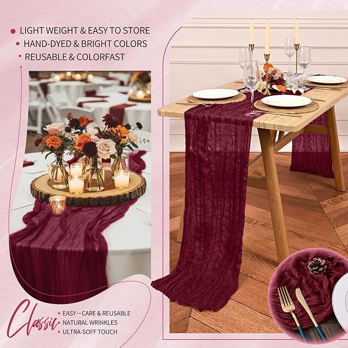 20 Pack Burgundy Red Cheesecloth Table Runner 10FT Boho Gauze Cheese Cloth Table Runners Romantic Rustic Sheer Table Decorations for Wedding Party Baby Shower Birthday Holiday Home