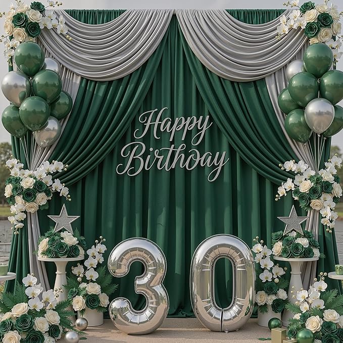 30x10ft Hunter Green Backdrop Curtains for Parties, 6 Panels 5x10ft Wrinkle-Free Polyester Background Curtains for Wedding, Birthday, Baby Shower,Graduation, Decorations