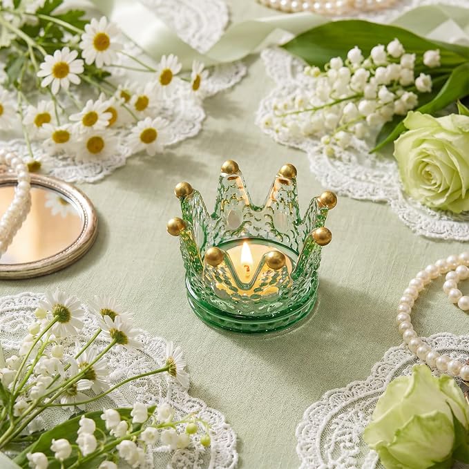 Rubtlamp 6 Pack Green Gold Crown Candle Holders, Glass Votive Candle Holders, Vintage Tealight Candle Holders for Table Centerpieces, Wedding, Bridal Shower, Birthday