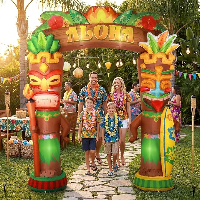 10Ft Hawaiian Tiki Inflatables Luau Party Inflatable Decor Tiki Inflatable Arch with Built-in LED Lights Blow Up Archway Decor for Summer Tropical Aloha Birthday Beach Pool Party Yard Lawn Supplies