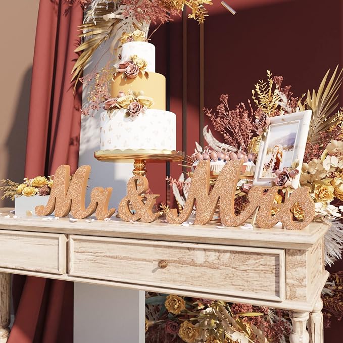 VIOPVERY Mr & Mrs Sign & Just Married Banner, Large Wooden Letters for Sweetheart Table, Photo Props Wedding Decorations for Anniversary, Rose Gold