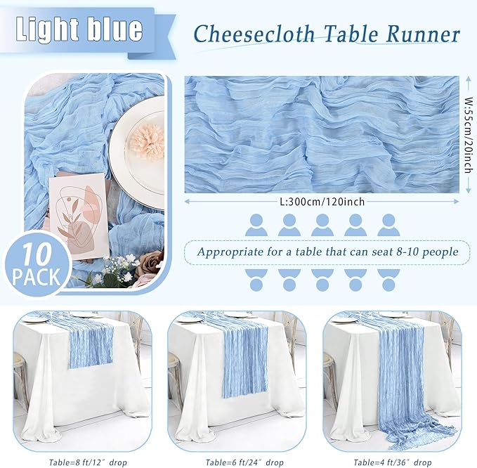 10 Pack Light Blue Cheesecloth Table Runner 17x108 Inch Semi Sheer Boho Rustic Gauze Cheese Cloth Table Runners for Wedding Party Birthday Baby Shower Home Décor
