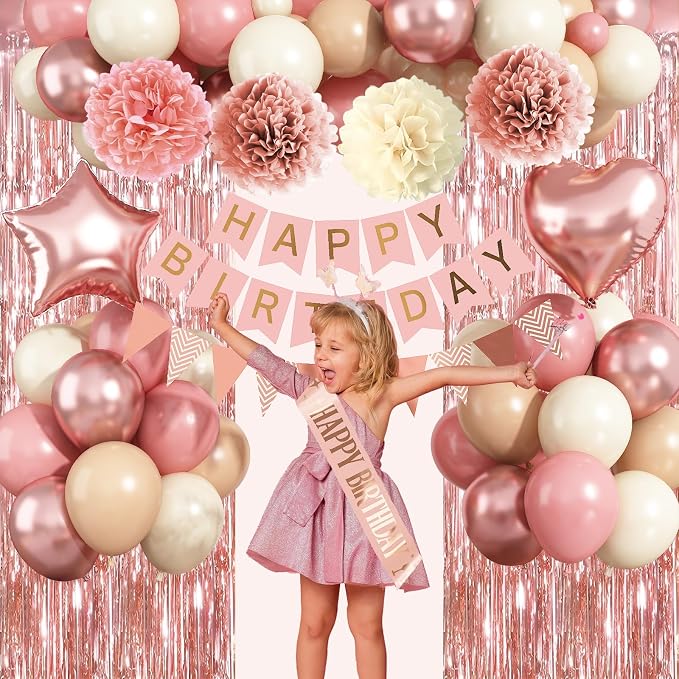 Blush Pink Birthday Decorations, Rose Gold Nude Party Décor with Foil & Latex Balloons Sash Fringe Curtains Happy Birthday Banner Cake Topper Paper Pompoms Party Decor for Women Girl