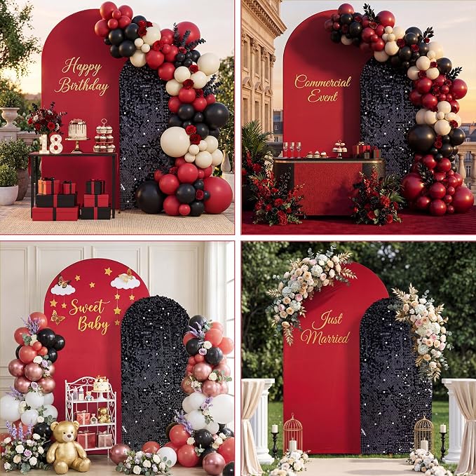 Red and Black Arch Covers 7.2 and 6FT Sequin Arch Backdrop Cover Set of 2, Spandex Fitted Bling Sequin Arch Stand Covers for Birthday Party Ceremony Baby Shower Banquet Decoration