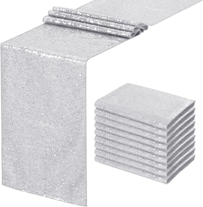 Silver Sequin Table Runners 10 Packs 12x108 Inches Holiday Celebration Sparkly Table Runners for Birthday Party Supplies Decorations