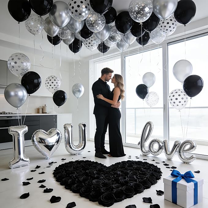 32 Inch I Love You Balloons Black and Silver Balloon with Heart Shaped, Love Foil Balloons and 1000 Pieces Rose Petals for Anniversary Valentine's Day Proposals Decorations (Black and Silver)