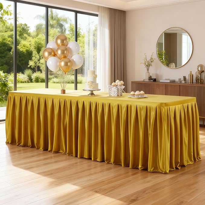 Wish Care 2 Pack Satin Table Cover Skirts for 8ft Rectangular Tables, Dark Gold Shimmer Silk Tablecloth with Floor Length Ruffle for Wedding Banquet Party Buffet Decoration