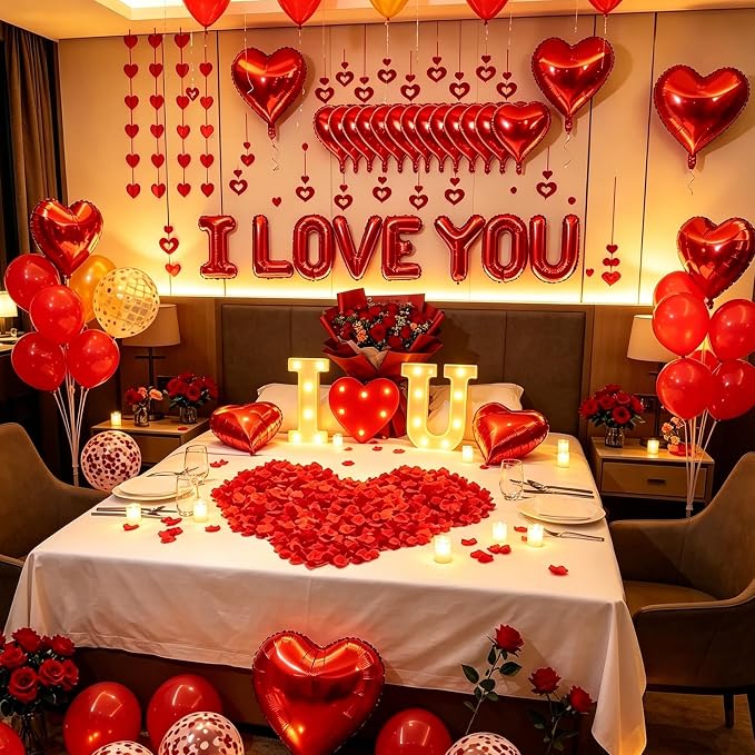 I LOVE YOU Light Up Letter Sign Decor 2 Set Red I LOVE YOU Balloons - 3100pcs Red Artificial Rose Petals 48pcs Flameless LED Candle Tealight Heart Foil Latex balloons Hanging Swirls Valentine's Day