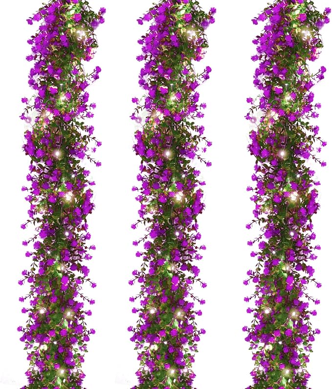 RECUTMS Artificial Garland Greenery Hanging Spring Lighted Garland Artificial Vine Plants Spring Eucalyptus Vine with Lights for Indoor Outdoor Home Wedding Mantel Party Kitchen Decor(Fuchsia)