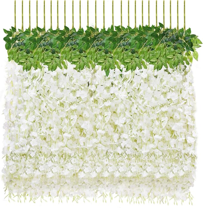 12 PCS Wisteria Hanging Flowers, 3.6ft Fake Wisteria Vines Artificial Wisteria Garland Silk Flower String for Wedding Arch Garden Party Home Ceiling Wall Backdrop Tent Decoration (White)