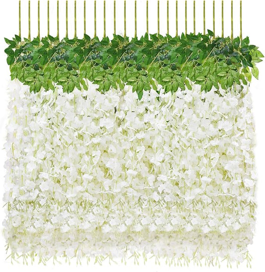 24 PCS Wisteria Hanging Flowers, 3.6ft Fake Wisteria Vines Artificial Wisteria Garland Silk Flower String for Wedding Arch Garden Party Home Ceiling Wall Backdrop Tent Decoration (White)