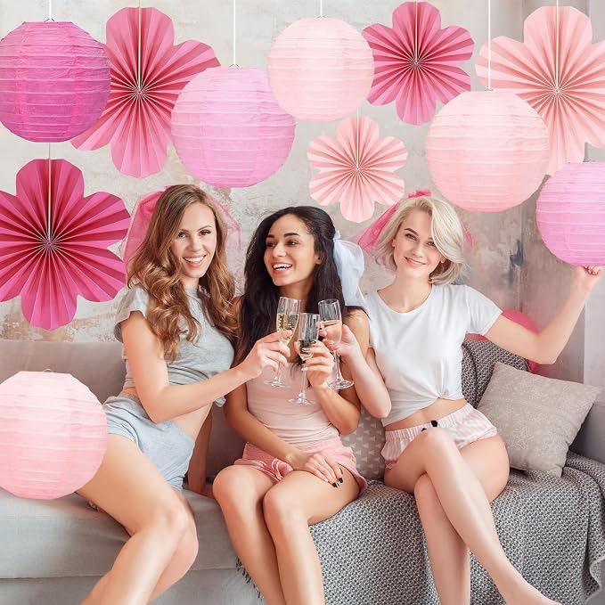 20 Pack Pink Paper Fans Hanging Ornaments,Paper Flowers Decorations For Wall Kit With 9Paper Lanterns 9Fan Flower& 2Party Tablecloths For Graduation Ceremony Wedding Party Decorations