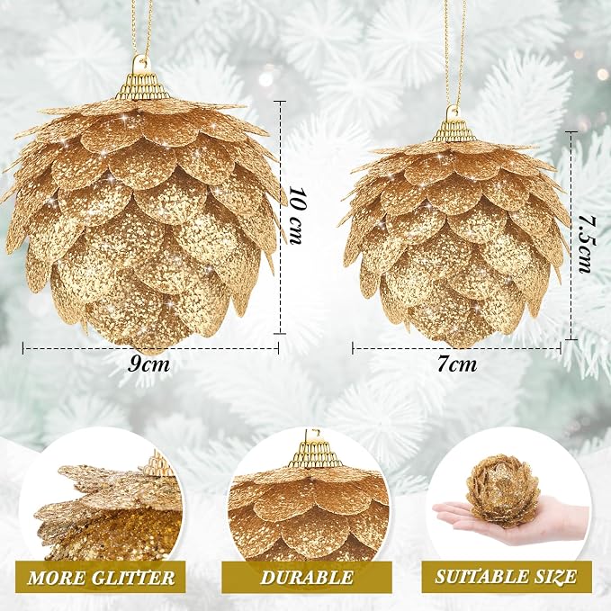 Sratte 8 Pcs Valentine Ball Ornaments Artificial Pinecone Hanging Ornaments Glitter Winter Faux Flower for Xmas Decor, 3.15/2.36 Inch(Gold)