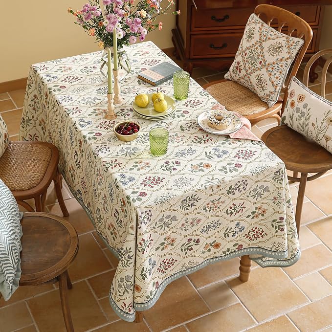 ISAENNE Designer Vintage Linen Rectangular Tablecloth,94"x63"-Serenity B | Elegant French Table Cloth Rectangle Table,Colorful Floral Pattern,Decoration,Dining Room,Tea Party,Kitchen,Thanksgiving