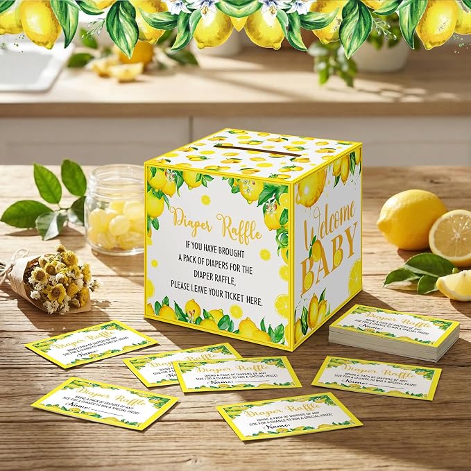 Teling 51 Pieces Diaper Raffle Tickets with Card Baby Shower Decorations Gender Reveal Holder Box for Girl Boy Diaper Raffle Party(A Little Lemon is on the Way)