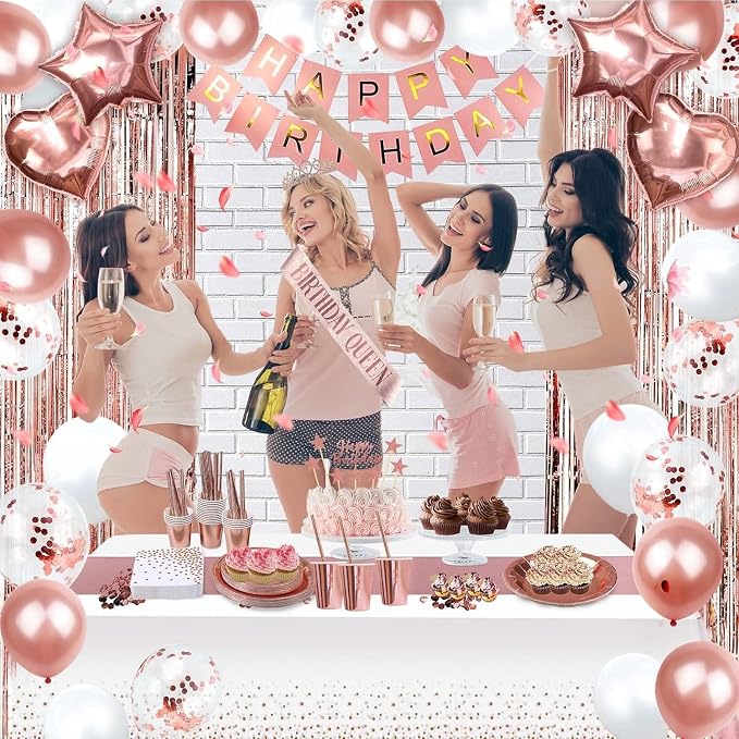 255 pcs Sweet 16 Party Decorations, 25 sets of Tableware, Sweet 16th Birthday Decorations, Rose Gold Party Decorations, 25 Tableware Sets, Balloon, Pump, Banner, Tassel Curtain for Girls