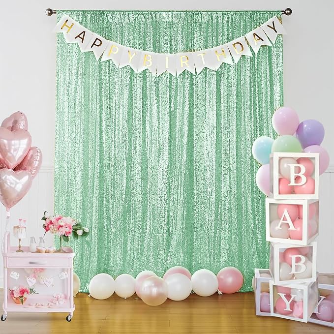Sugargirl Mint Green Sequin Backdrop Curtain 4FTx8FT Glitter Mint Green Background Drapes Sparkle Photography Backdrop for Party Wedding Birthday Wall Decoration(2 Panels)