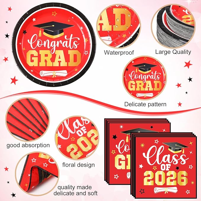 Funnymoom 400 Pcs Graduation Party Supplies Class of 2026 Graduation Paper Plate Napkin Cup Cutlery Congrats Grad Disposable Tableware Set for Grad Party Decorations, Serve 50(Red)