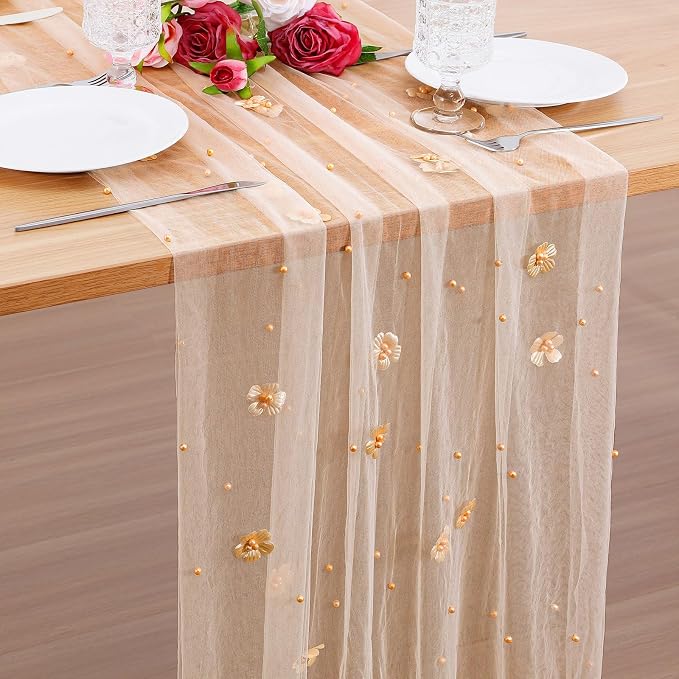 BINBE Flower Pearl Table Runner Spring Summer Rustic Boho 10ft Tulle Table Runner for Baby Shower Wedding Veil Holiday Dessert Table Decor Champagne