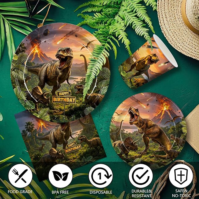 208pcs Dinosaur Plates Napkins Party Supplies Dino Disposable Tableware Set Include Plates Napkins Cups Cutlery Balloon Cake Topper Banner Hanging Swirl Tablecloths for Dino Party Decorations Serve 24