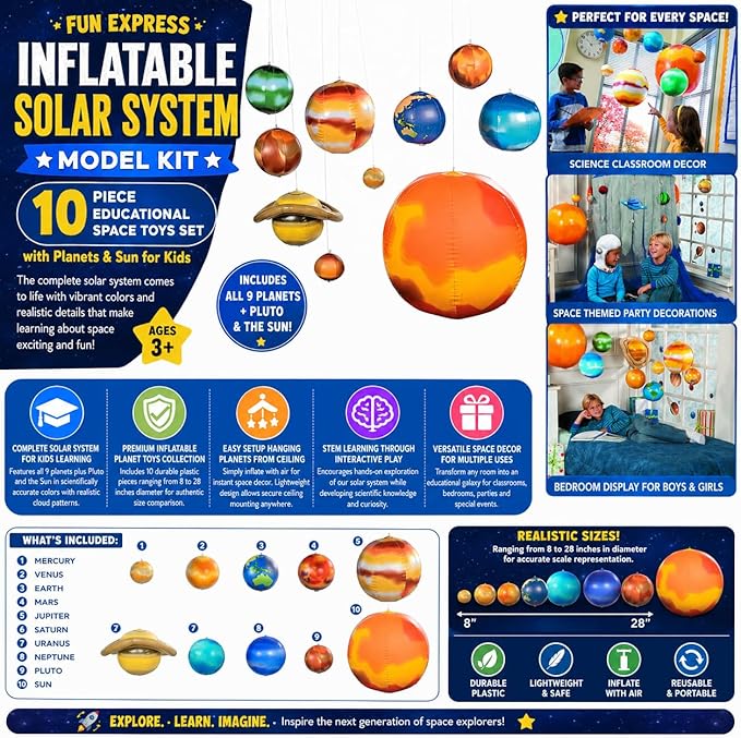 Fun Express Inflatable Solar System Model Kit - 10 Piece Educational Space Toys Set with Planets & Sun for Kids | Perfect for Science Classroom Decor, Space Themed Party Decorations & Bedroom Display