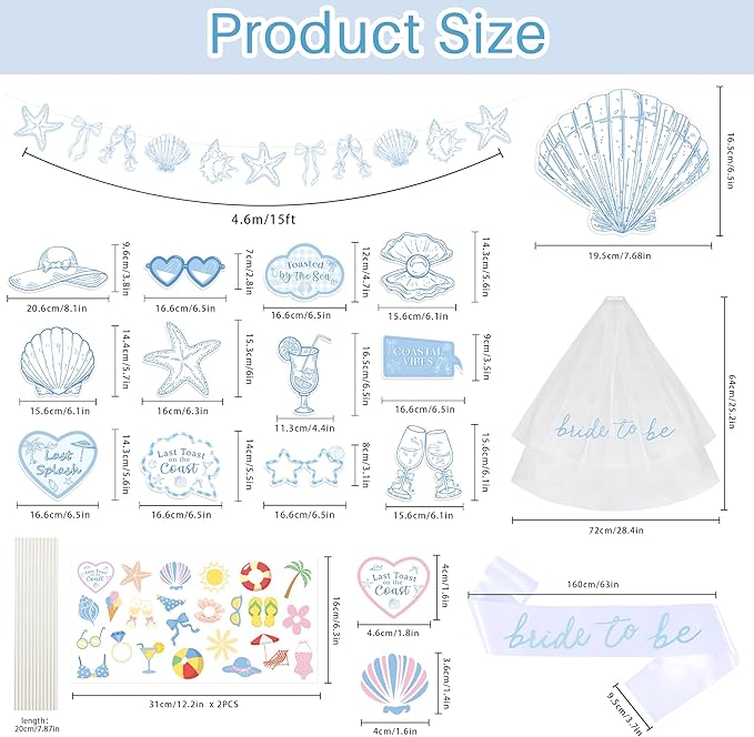 Last Toast on The Coast Bachelorette Party Decorations Kit, Coastal Bachelorette Photo Booth Props Beach Coastal Banner Bride to Be Sash Veil Temporary Tattoos Bridal Shower Decorations