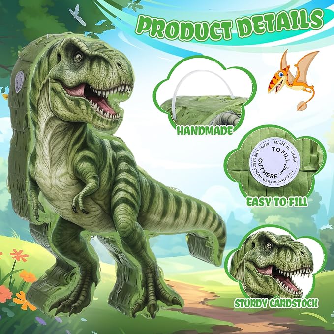 Dinosaur Piñata Set Dino Themed Piñata with Stick and Blindfold Girls Dinosaur Birthday Party for Animal Theme Party Decoration Baby Shower Game Supplies (Green Dino)
