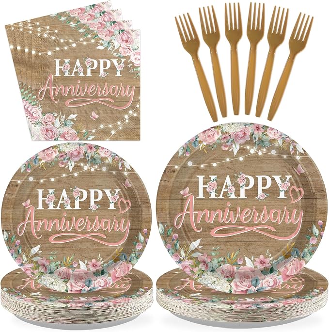 96Pcs Happy Anniversary Party Decorations Rustic Pink Floral Happy Anniversary Plates and Napkins Wooden Cheers to Marriage Decoration for 40th 50th Wedding Commemoration Day Party Supplies Serves 24