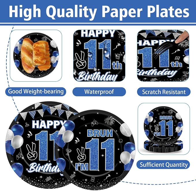 96PCS 11th Birthday Party Supplies Blue and Black 11th Birthday Plates and Napkins Black Blue Bruh I’m 11 Tableware Dinnerware Video Game Theme Decorations for Boys Party Favors Serves 24