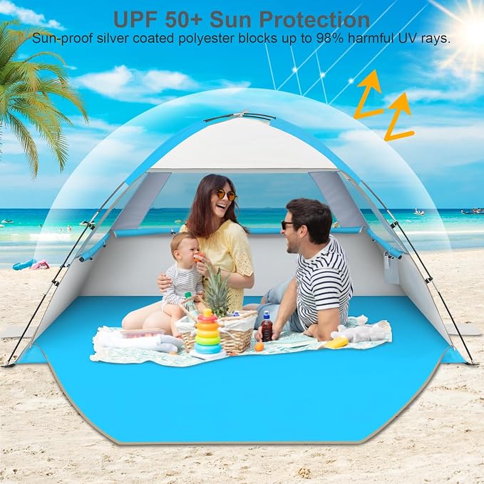 Gorich Beach Tent Sun Shelter for 3/4/6/8/10 Person with UPF 50＋ UV Protection, Lightweight & Easy Setup Beach Shade Canopy, Portable Beach Shade Tent Beach Cabana