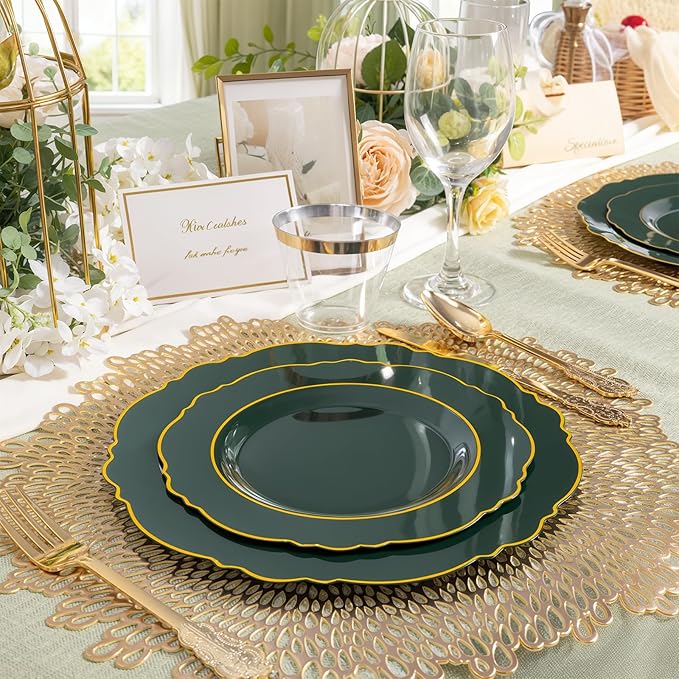 Liacere 175PCS Green Plastic Plates - Emerald Green Disposable With Gold Rim - 25Guest Baroque Plastic Dinnerware include 50Plates-25Pcs Pre Rolled Napkins with Silverware 25Cups for Party & Wedding