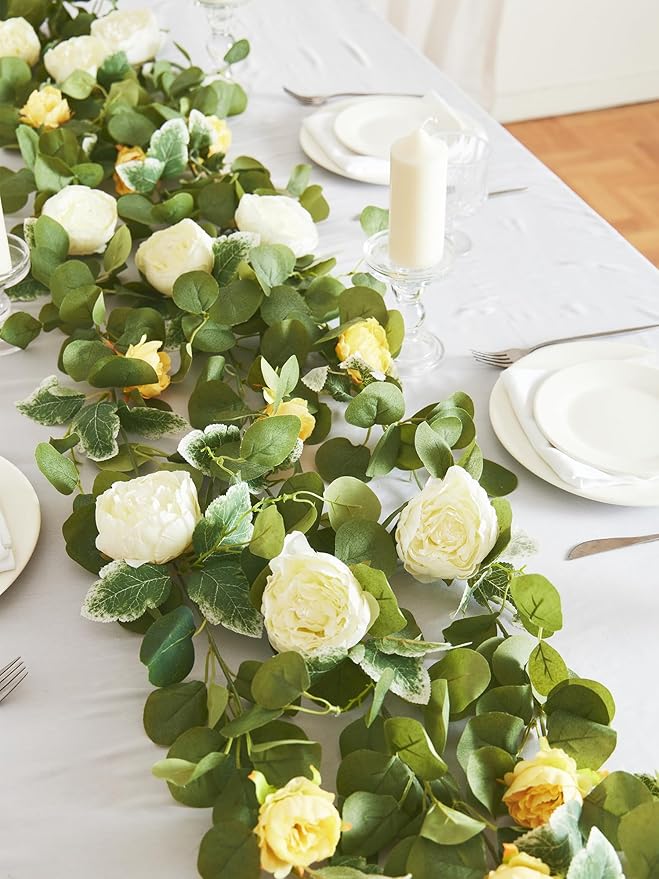 MISSPIN 2pcs Artificial Flowers Garland Spring Eucalyptus Garland Vintage Fake Flower Peony Rose Vine Greenery Decorative Wall Hanging Plant for Wedding Arch Door Arrangement Party Decor