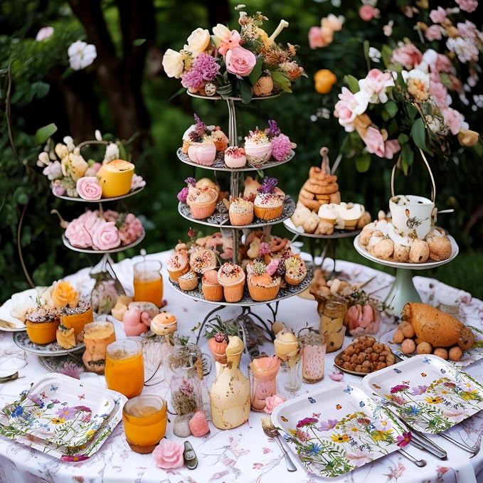 Umigy 100 Pcs Wildflower Paper Plates Flower Dinner 9'' Floral Disposable Paper Plates 7'' Square Dessert Set for Dinner Birthday Wedding Baby Shower Party Tableware (Sweet Color)