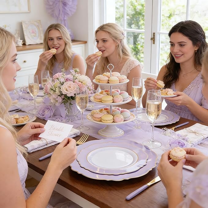 WDF 60pcs Purple Plates Disposable with Gold Rim - Baroque Light Purple Plastic Plates - Lavender Plates for Spring/Wedding/Birthday/Mother's Day