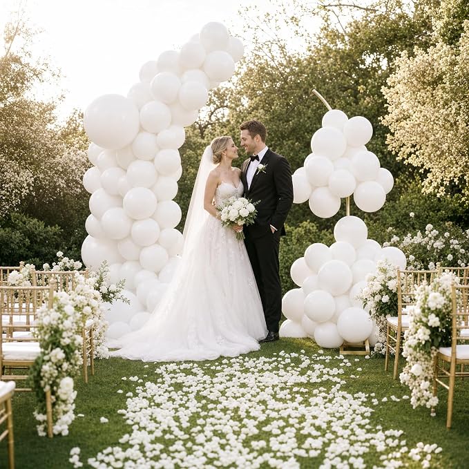 Balloon Arch Stand Kit Set with 145PCS Different Sizes White Balloons – Metal Backdrop Frame with 8 Water Bags, Gold Semi-Open Arch for Birthday, Bridal Shower, Party Decorations Indoor Outdoor.