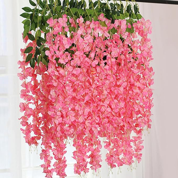24 Pack Dark Pink Wisteria Hanging Flowers Garland, 3.77 Feet Artificial Flower Vines, Fake Wisteria, Artificial Vines Hanging Garland for Backdrop Outdoor Yard Garden Decor