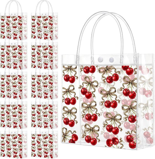 Sweetude 24 pcs Clear Party Favor Bags PVC Plastic Gift Bags with Handles Party Favor Pattern for Candy Snack Birthday Baby Shower Supplies (Cheetah Cherry)