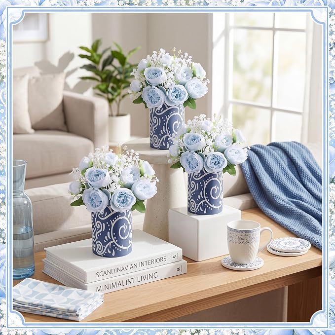 Mumufy 30 Pcs Blue Fiesta Table Centerpieces with Cardboard Paper Vases and Artificial Flowers, Cielito Lindo Mexican Baby Shower Decor for Boy, Bridal Shower, Wedding, Taco Party, Cinco De Mayo