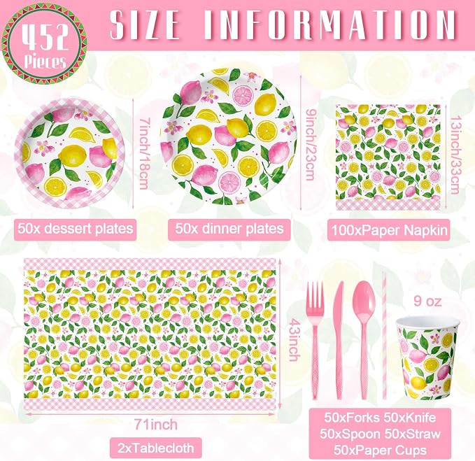 Vesici 452 Pcs Pink Lemon Party Supplies Lemon Party Tableware Set with 9 Inch 7 Inch Plates Napkins Tablecloths 9oz Cups Cutlery Straws for Summer Birthday Baby Shower Bridal Shower, 50 Guests
