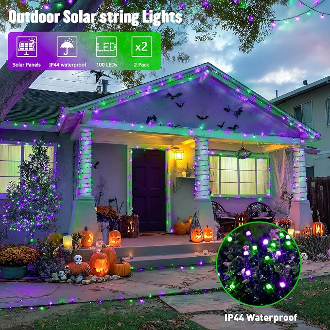 JMEXSUSS 2 Pack Solar String Lights Outdoor Waterproof, Total 66 FT 200 LED Solar Christmas Lights Outdoor, Twinkle Light for Christmas Tree Outside Garden Yard Xmas Decor, Purple and Green