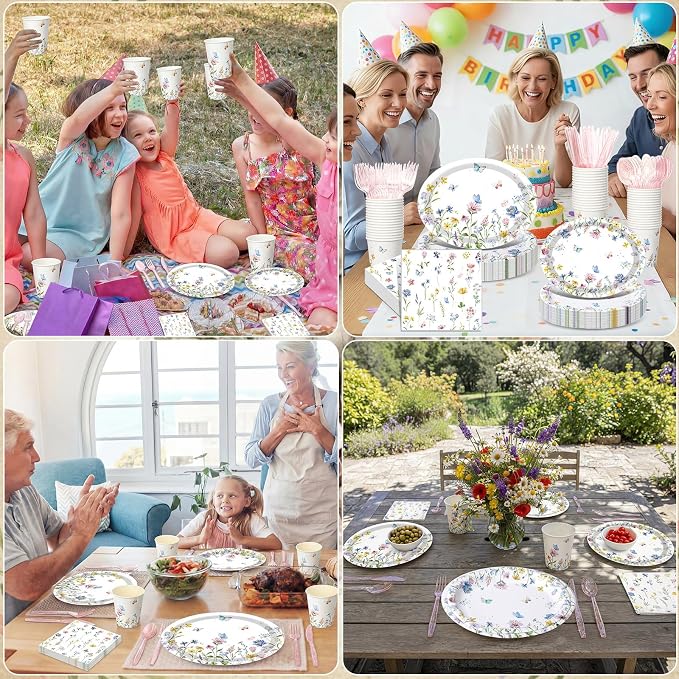 Pajean 350 Pcs Wildflower Oval Paper Plates Set with 12 inch Disposable Spring Birthday Oval Plates and Napkins Flower Heavy Duty Dinnerware Set for 50 Guests Picnic Wedding Tea Party Supplies